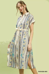Umgee Vertical Print Tie Waist Midi Dress