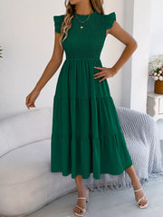 Smocked Ruffled Cap Sleeve Dress