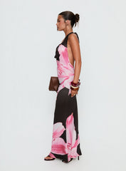 Kanara Halter Plunge Maxi Dress Chocolate / Pink Floral