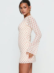 Nyxia Long Sleeve Mini Dress Cream / Red Polka