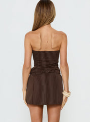 Mikena Strapless Belt Mini Dress Brown Pinstripe