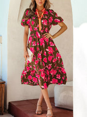 Floral Print Split Neck Short Puff Sleeve Ruffle Hem Dress