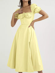 Puff Sleeve Tie Front Slit Midi Dress