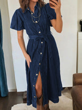 Belted Button-Down Midi Denim Dress