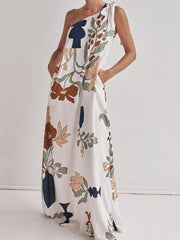 Bohemian Floral Print One-Shoulder Maxi Dress