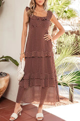 Polka Dot Print Backless Ruffled Tiered Maxi Dress