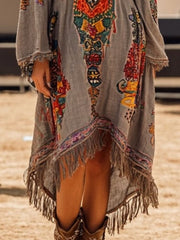 Fringe Hem Notched Long Sleeve Dress