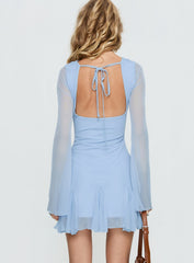 Evita Long Sleeve Pleat Mini Dress Sky Blue