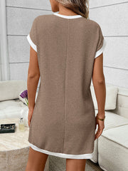 Contrast Trim Ribbed Knit Mini Dress with Pocket