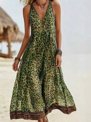 Leopard Print V-Neck Midi Dress