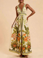 Tropical Print V-Neck Maxi Dress