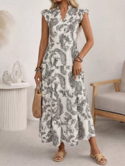 Printed Notched Ruffle Sleeve Maxi Dress