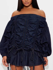 Off-Shoulder Ruched Denim Dress