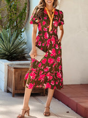 Floral Print Split Neck Short Puff Sleeve Ruffle Hem Dress