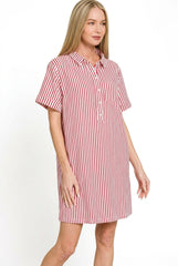Zenana Stripe Collared Half Button Up T-Shirts Dress