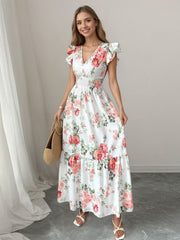 Floral Print Ruffle Sleeve Tiered Maxi Dress