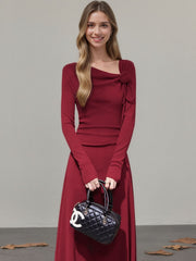 Flower Asymmetrical Neckline Long Sleeve Dress