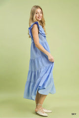 Umgee Seersucker Ruffle Sleeve Tiered Midi Dress