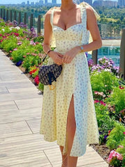 Floral Print Tie Shoulder Slit Midi Dress