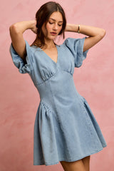 SO ME Bubble Sleeves Denim Fit And Flare Mini Dress