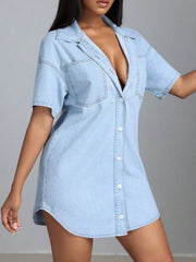 Button-Down Short Sleeve Denim Dress