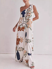 Bohemian Floral Print One-Shoulder Maxi Dress