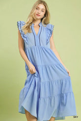Umgee Seersucker Ruffle Sleeve Tiered Midi Dress
