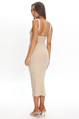 Sheena Square Neckline Side Split Midi Dress Beige