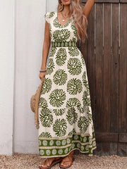 Printed V-Neck Cap Sleeve Maxi Dress