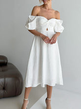 Twisted Front Puff Sleeve Midi Dress
