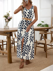 Leaf Print Sleeveless Slit Dress