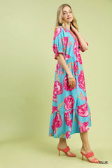 Umgee Floral Print Midi Dress with Contrast Trim