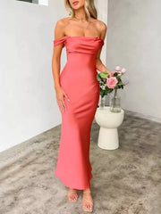 Off-Shoulder Satin Maxi Dress