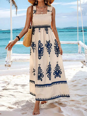 Smocked Printed Square Neck Maxi Dress