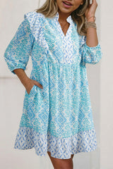 Floral Geometric Patchwork Ruffle Detail Puff Sleeve Mini Dress