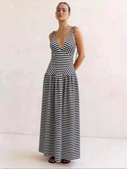 Striped V-Neck Tie-Shoulder Maxi Dress