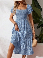 Floral Print Smocked Ruffle Sleeves Dress