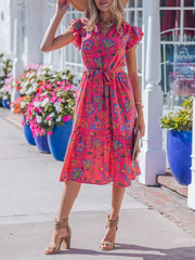 Flutter Sleeve Belted Floral Dress