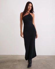 Ishikawa Asymmetrical Maxi Dress with Eyelets in Black