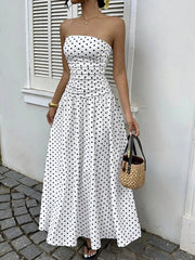 Polka Dot Ruched Strapless Maxi Dress