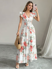 Floral Print Ruffle Sleeve Tiered Maxi Dress