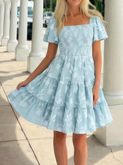 Smocked Square Neck Tiered Mini Dress