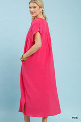 Umgee Button-Front Gauze Midi Dress with Lace Detail