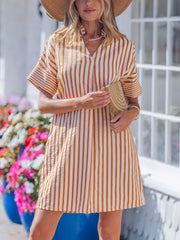 Stripe Pinched V Neck Turn-up Cuffs Shift Mini Dress