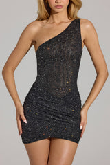 Embellished One-Shoulder Mini Dress in Black