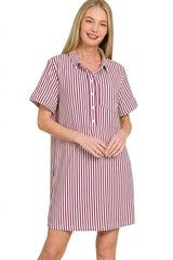 Zenana Stripe Collared Half Button Up T-Shirts Dress