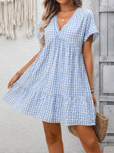 Plaid V-Neck Ruffle Hem Mini Dress
