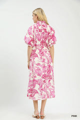 Umgee Abstract Print Smocked Tie Waist Midi Dress