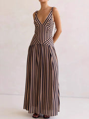 Striped V-Neck Tie-Shoulder Maxi Dress