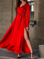 Plus Size Surplice Long Sleeve Slit Maxi Dress